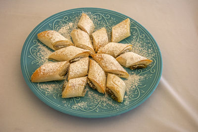 High angle view of cake in plate on table