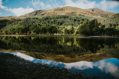 Scenic view of lake and mountains against sky