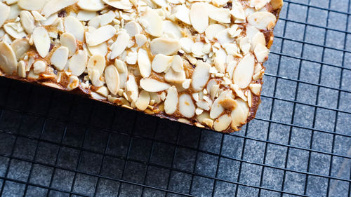 High angle view of bread on metal grate