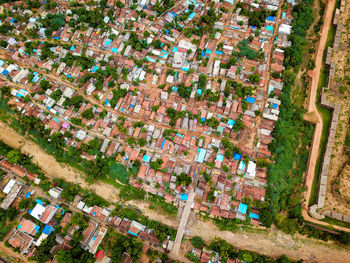 High angle view of trees and buildings in city