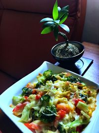 High angle view of meal served on table