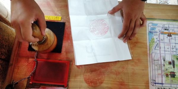 High angle view of woman working on table