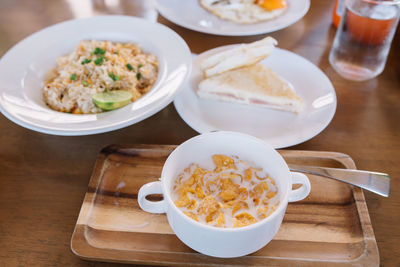 High angle view of meal served on table