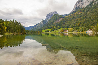 Scenic view of lake by mountains against sky