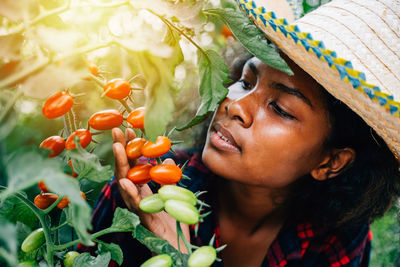 Close-up of woman picking fruit