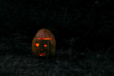Close-up of illuminated pumpkin on field at night