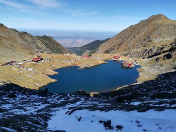 Scenic view of mountains against sky during winter