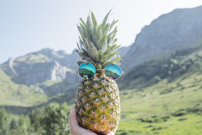 Close-up of hand holding fruit against mountain