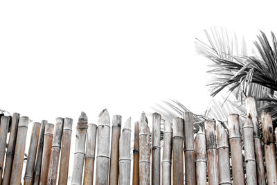 Low angle view of wooden fence against clear sky