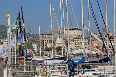 Sailboats moored at harbor against sky