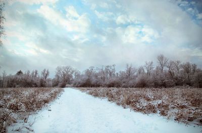 Scenic view of snow covered field against sky