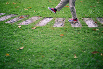 Low section of person walking on footpath at park