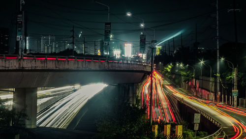 Light trails on road at night