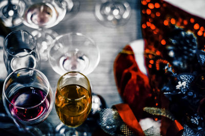 High angle view of drinks on table