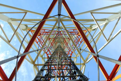 Low angle view of metallic structure against clear blue sky antenna