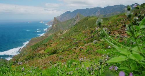 Scenic view of sea and mountains against sky