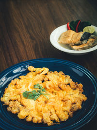 High angle view of food in plate on table