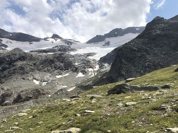 Scenic view of mountains against cloudy sky