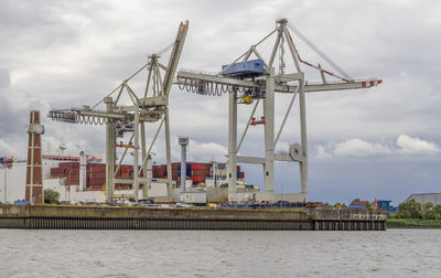 Cranes at commercial dock against sky