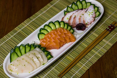 High angle view of sushi served in plate