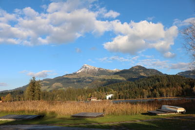 Scenic view of lake by mountains against sky