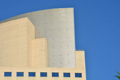 Low angle view of building against clear blue sky