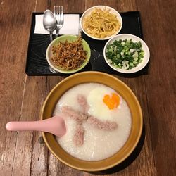 High angle view of food served on table