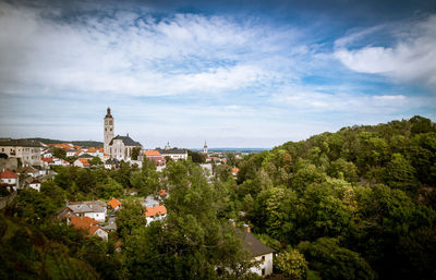 Trees and townscape against sky