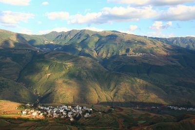 High angle view of mountains against sky