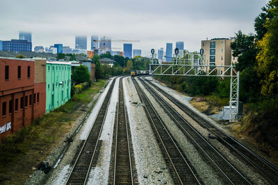 High angle view of railroad tracks amidst buildings in city