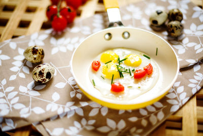 High angle view of breakfast on table