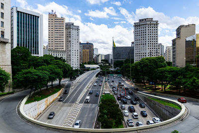 High angle view of city street against sky