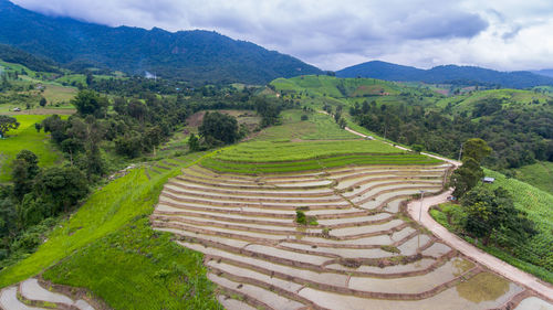 High angle view of agricultural field against sky
