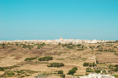 Scenic view of landscape against clear blue sky