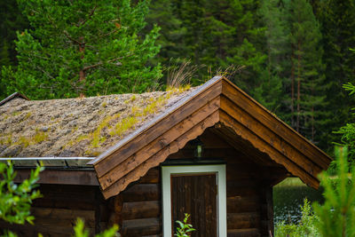 Exterior of house amidst trees and plants in forest