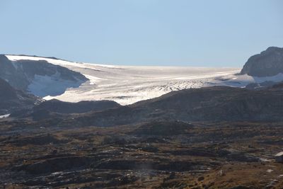 Scenic view of snowcapped mountains against clear sky