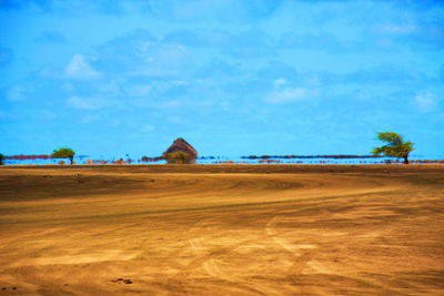 Scenic view of beach against blue sky