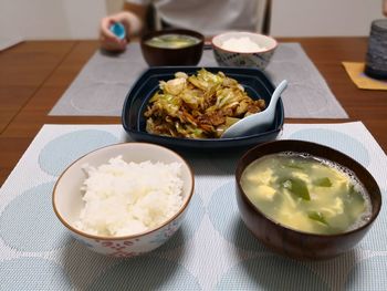 High angle view of meal served on table