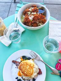 High angle view of breakfast served on table