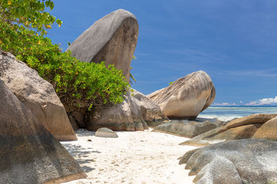 Rocks by sea against sky