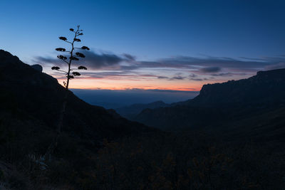 Scenic view of silhouette mountains against sky at sunset