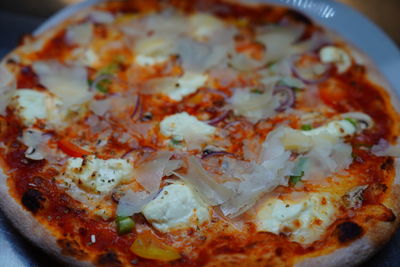 High angle view of pizza on table