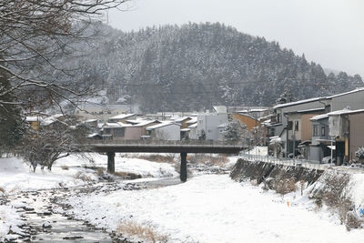 Snow covered houses by trees during winter