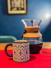 Close-up of coffee cup on table