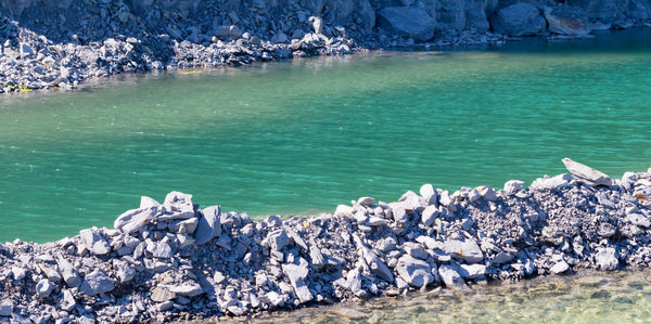 Scenic view of sea against rocks