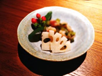 High angle view of dessert in plate on table