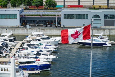 Boats moored on river in city