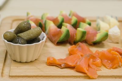 Close-up of served food on cutting board