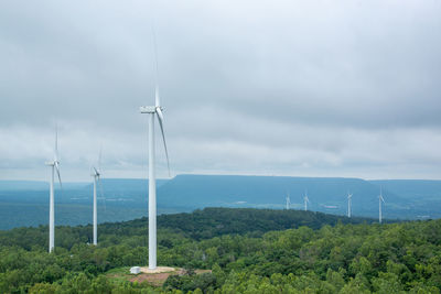 Wind turbines on land against sky