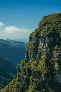 Fortaleza canyon with steep rocky cliffs covered by thick forest in cambara do sul. brazil.